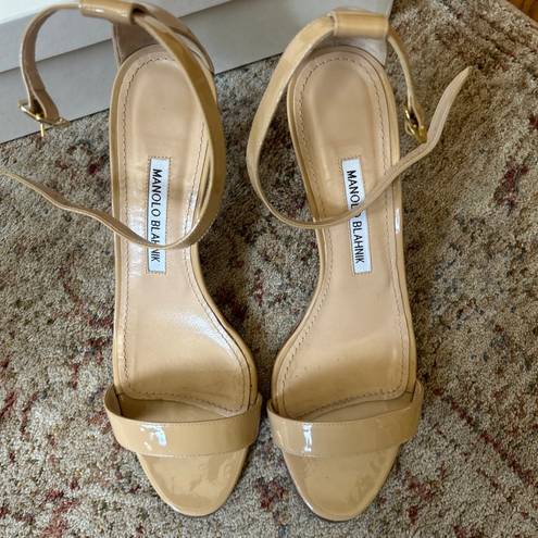 Manolo Blahnik Chaos Nude Patent Leather Heel Sandals— Size 8.5/38.5