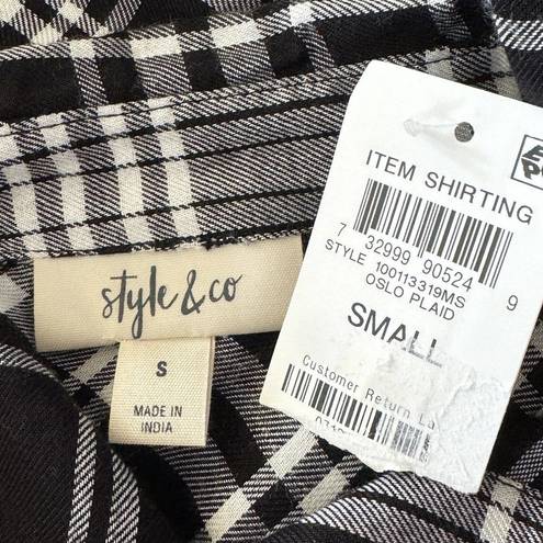 Style & Co  Small Button-Up Top Plaid Pocket Long Sleeve Hi-Low Hem Black White