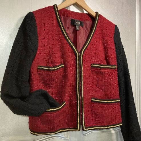 Mango  Red & Black Tweed Blazer Jacket with gold chain trimming C14