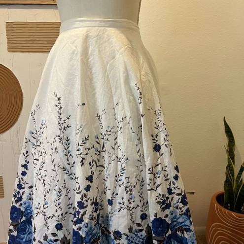 Coldwater Creek  White Cotton Blue Rose Floral Print Summer Midi Skirt 1X