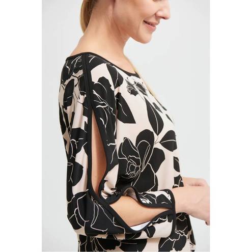 Joseph Ribkoff  Floral Self Tie Long Sleeve Blouse Top in Black & Beige