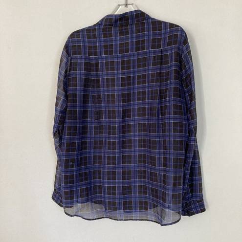 The Kooples The‎  Shirt Womens Medium Sheer Plaid Black Blue Silk Blend Button Up