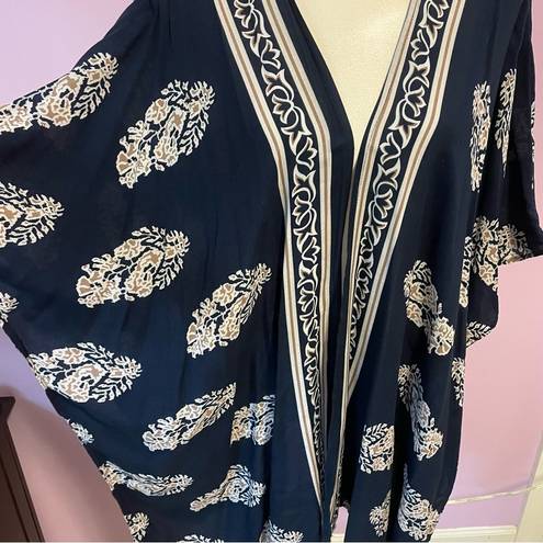 Boho Floral Navy Kimono Longline Open Front Poncho Shawl Medium