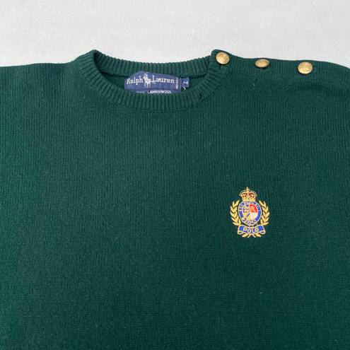 Polo Vintage 90s  Ralph Lauren Green Lambswool Embroidered Crest Pullover Sweater