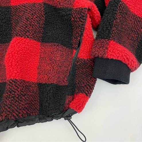 American Eagle  Oversized Sherpa Fleece Snap Pullover Jacket Buffalo Plaid Red