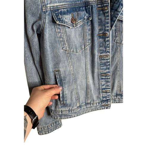 Sam Edelman Jean Jacket Distressed Denim Pockets Size Large EUC