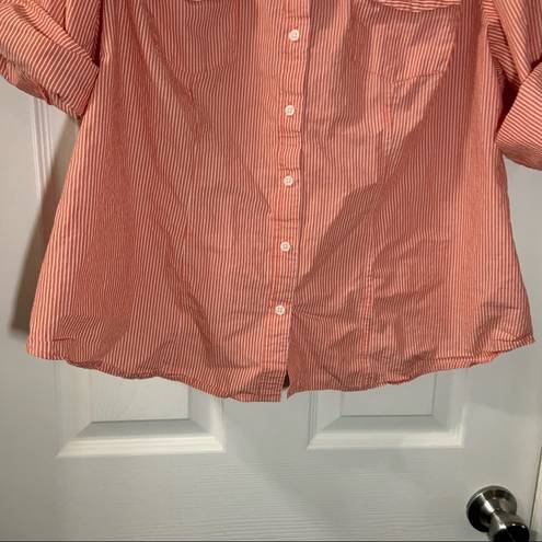 Dalia Collection  Orange Striped Short Roll Tab Sleeve Button Up Top 1X