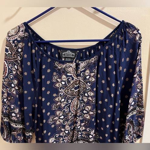 Angie  Size Large Navy Blue 3/4 sleeve Paisley 100% Rayon Blouse