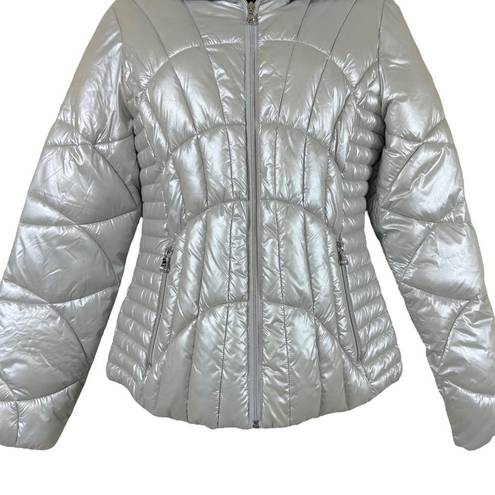 Guess  quilted pearlescent silver puffer jacket