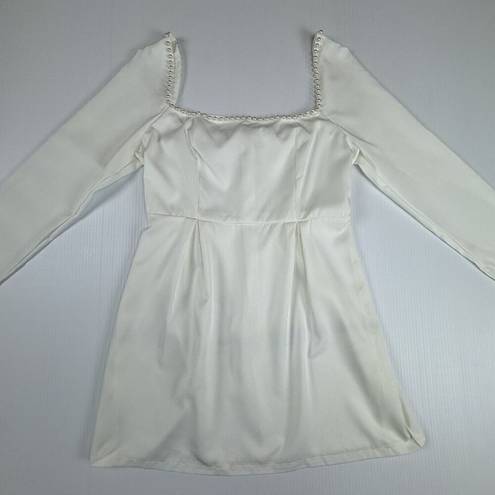 White Pearl Trim Mini Dress Long Sleeve Size Small Lightweight