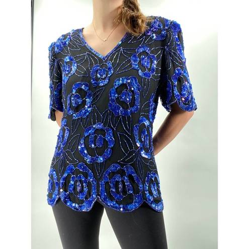 Laurence Kazar  Vintage Blue Black Sequin Floral Top 1X