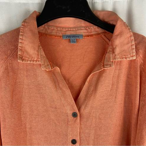 NEW PBJ Blues Orange Acid Wash Denim Collar Button Front Tunic Sweater Large