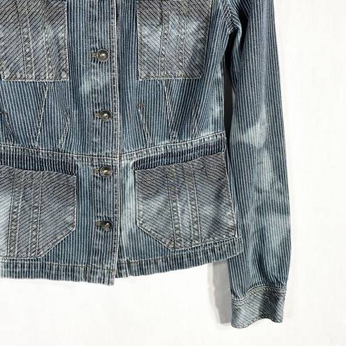 DKNY  Small Jean Jacket Reworked Denim Hand Embroidered Bleached Distressed 509