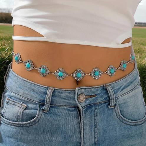 Boho Turquoise Waist Chain Vintage Adjustable Metal Chain Belt Western Faux Fashion Body Jewelry Silver