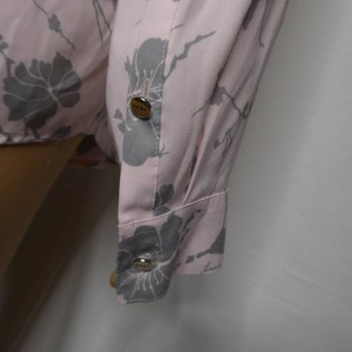 DKNY  Button Up Floral Blouse Dress Shirt Pink Long Sleeve Grey Tree Large