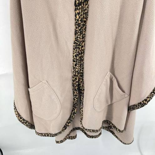 Moda Le  Womens Wrap blanket Sweater Leopard Trim Full Zip Pocket Beige Tan One S