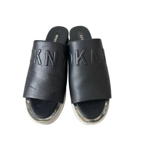 DKNY  Black Leather Platform Slide Sandals Sz 8.5