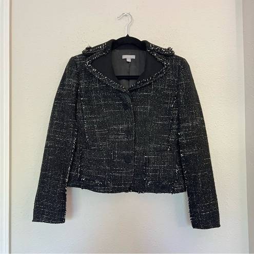 Ann Taylor  Wool Blend Tweed Black Fringed Blazer Jacket Size 2 Petites