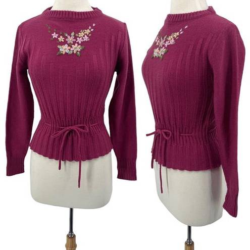 Cinch Vintage 90s Floral Embroidered Sweater Crew Neck Laced  Waist Magenta M