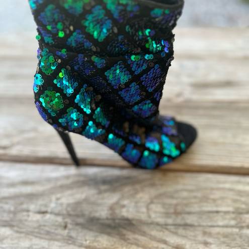 Charlotte Russe  Shauna Bling Bling Green/Blue Sequin Peep Toe Boot/Booties SZ 7