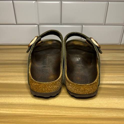 Birkenstock Sandals Womens 37 Arizona Slides Slip On Flats Olive Leather Casual