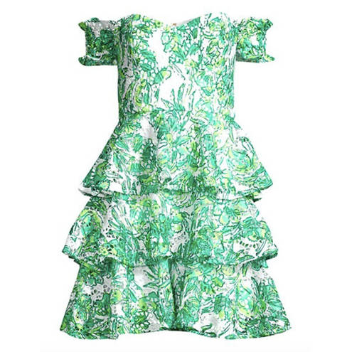 Lilly Pulitzer Green White Floral Off-The-Shoulder Tiered Ruffle Mini Dress