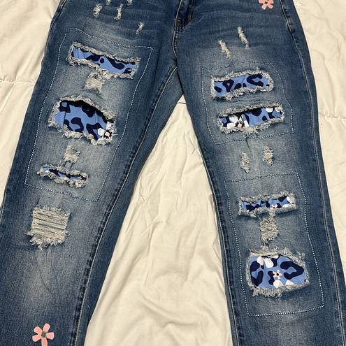 Daisy Blue Skinny Cheetah  Patch Distressed Stitched Jeans Womens Small Floral