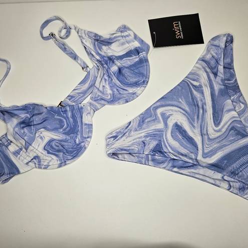 Naked Wardrobe  Swim Marbled Smoked Blue 2 pc Wired Bra High Wasted Bottom sz L​