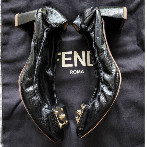 Fendi  Patent Logo-Bow Ballerina Pumps Black Size 36.5