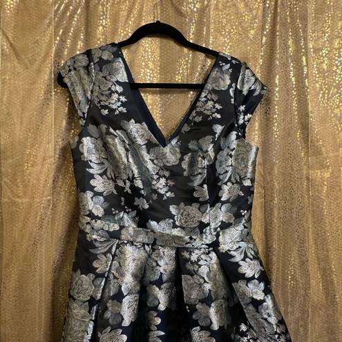 Oleg Cassini  Navy Blue Silver Floral Brocade High Low A-Line Dress 12