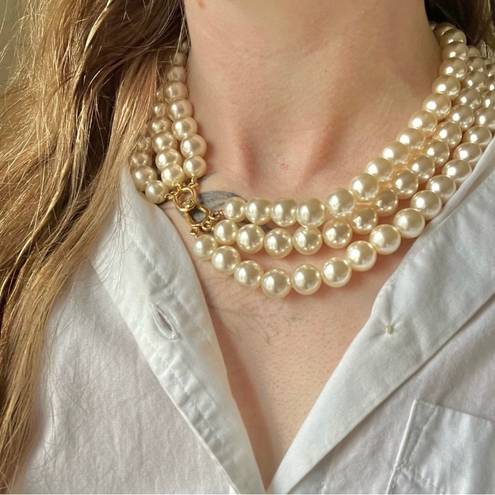 American Vintage Vintage “Morgana” Gold Hook Clasp Three Strand Pearl Necklace Chunky Statement