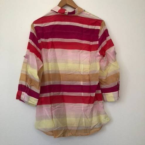 Coldwater Creek NEW NWT  Cotton Silk Stripe Shirt Pink 3/4 Sleeve Button Down MED