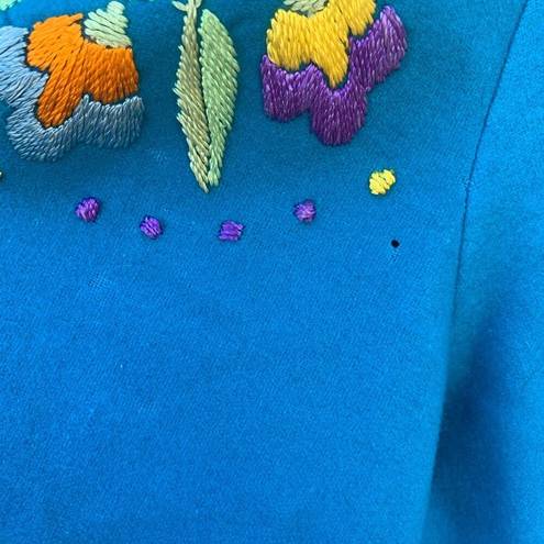 Vintage Blue  Wool Folk Art Boho floral embroidery open jacket