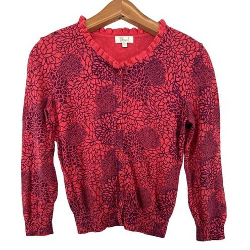 Fossil  Women Sweater Sz S Burnt Orange Floral Modern Cashmere Blend Ruffled Neck