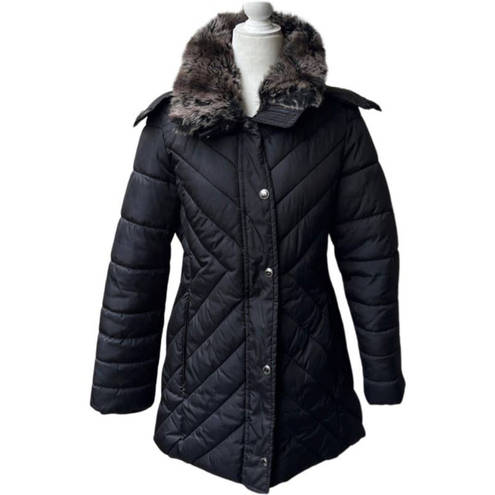 London Fog  Black Winter Puffer Faux Fur Trim Collar Hooded Jacket Parka size S