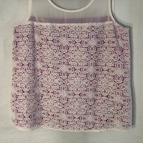 Cynthia Steffe  XS Tank Top Purple White Lace Silhouette Lined Semi Sheer 544