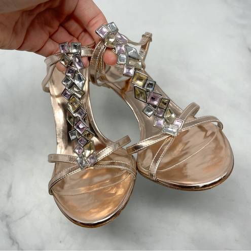 Marciano  Rose Gold Metallic Chrome Genuine Leather Jeweled Formal Sandal Heels