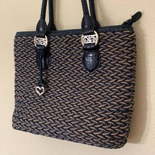 Brighton Blue Straw Woven Tote Bag Black Leather Trim