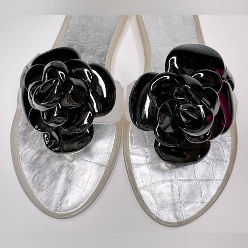 Stuart Weitzman Black Bloom Flower Jelly Flip Flop Sandals Size 8