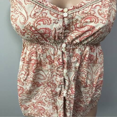 Gap  Y2K Spaghetti Strap Tank Top Button Front Size 4 Paisley Cream Rust Red