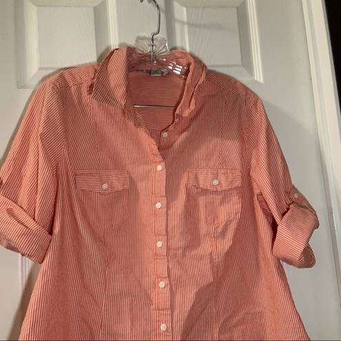 Dalia Collection  Orange Striped Short Roll Tab Sleeve Button Up Top 1X
