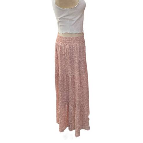 English Factory Blush Pink Smocked Waist Floral Tiered Crepe Maxi Skirt Med