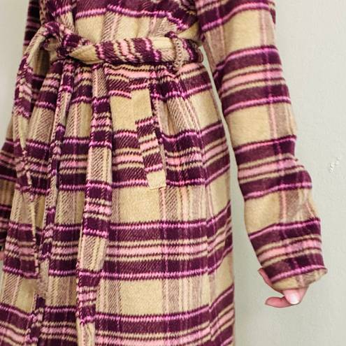 A New Day NWT  Carmel & Burgundy Plaid Long Waist Tie Wool Coat