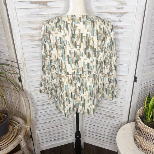 J.Jill  Women's XL Silk Pleated Crop Blazer Jacket Abstract Print Ivory Blue