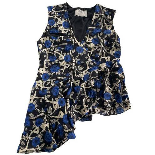 Jason Wu  Shirt Women 6 Black Blue Cream Floral V-Neck Asymmetrical Ruffle Silk