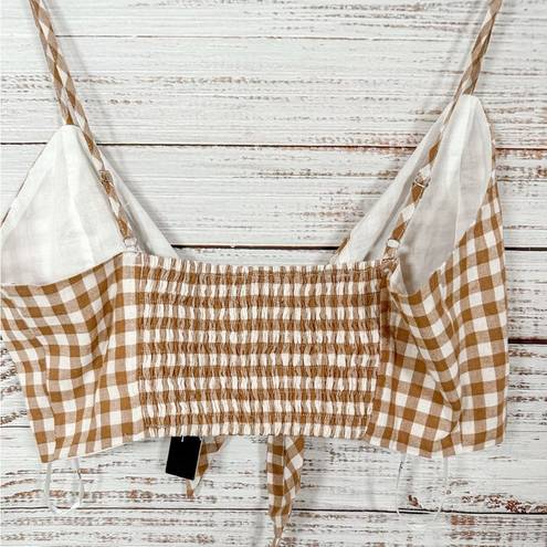 Lulus Lulu’s Midday Muse White and Tan Gingham Tie Front Crop Top, NWT, Size Medium