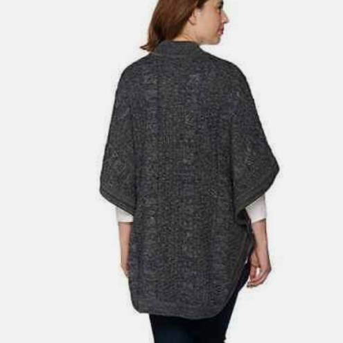 Denim & Co . Cable Knit Poncho Sweater Size Large Color Gray Button detail