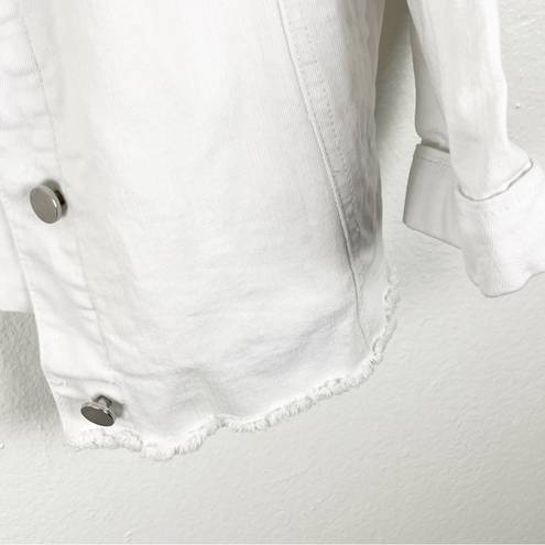 Rafaella  White Embroidered Frayed Hem Button Pockets Jean Jacket, Size Medium