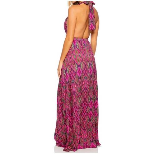 Luli Fama  Vamos A Cabos Deep Plunge along Maxi Halter Dress Size Small Multicolo