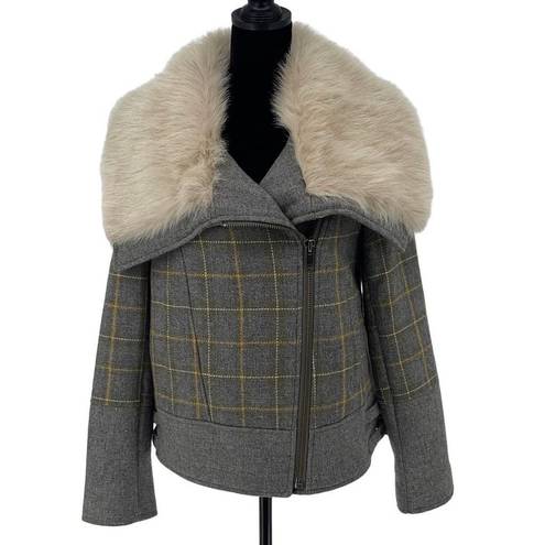 Banana Republic  Womens Faux Fur Coat Jacket Plaid Lined Zip Up Gray Yellow Small